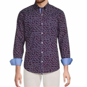 New Tailorbyrd Ditzy Print L/S Shirt Blue Maroon MEDIUM